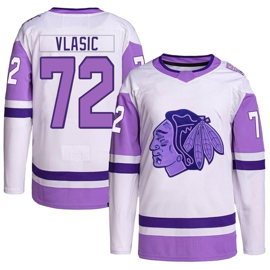 Adidas Alex Vlasic Chicago Blackhawks Youth Authentic Hockey Fights Cancer Primegreen Jersey - White/Purple