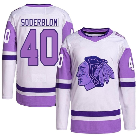 Adidas Arvid Soderblom Chicago Blackhawks Youth Authentic Hockey Fights Cancer Primegreen Jersey - White/Purple
