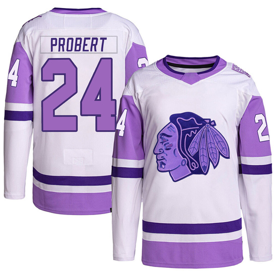 Adidas Bob Probert Chicago Blackhawks Youth Authentic Hockey Fights Cancer Primegreen Jersey - White/Purple