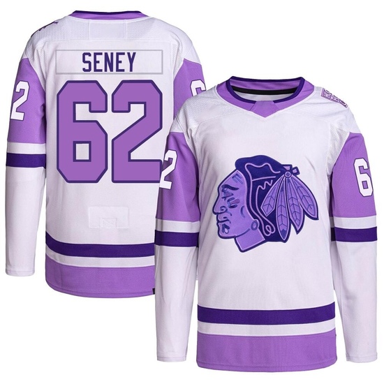 Adidas Brett Seney Chicago Blackhawks Youth Authentic Hockey Fights Cancer Primegreen Jersey - White/Purple