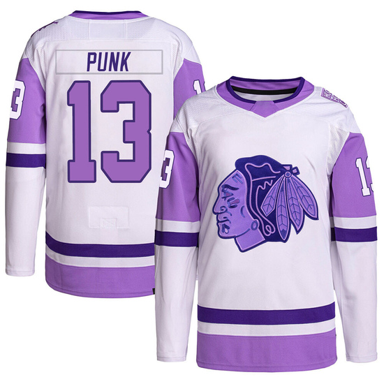 Adidas CM Punk Chicago Blackhawks Authentic Hockey Fights Cancer Primegreen Jersey - White/Purple