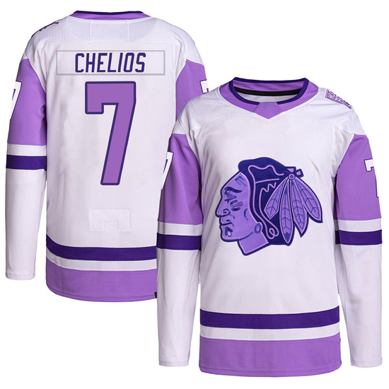 Adidas Chris Chelios Chicago Blackhawks Authentic Hockey Fights Cancer Primegreen Jersey - White/Purple