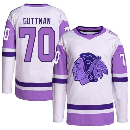 Adidas Cole Guttman Chicago Blackhawks Youth Authentic Hockey Fights Cancer Primegreen Jersey - White/Purple