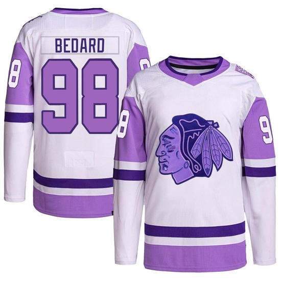 Adidas Connor Bedard Chicago Blackhawks Youth Authentic Hockey Fights Cancer Primegreen Jersey - White/Purple