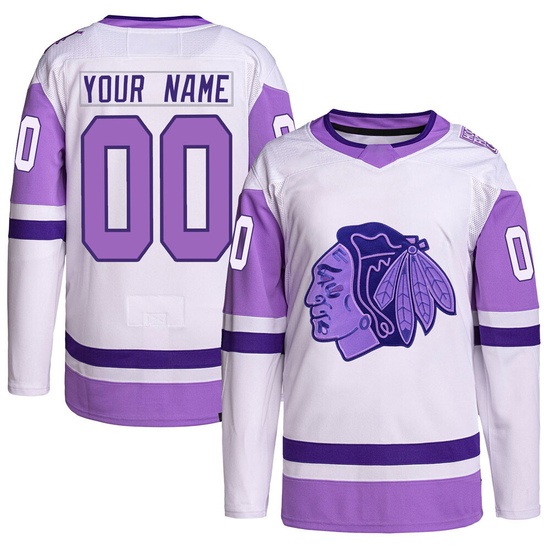 Adidas Custom Chicago Blackhawks Authentic Custom Hockey Fights Cancer Primegreen Jersey - White/Purple