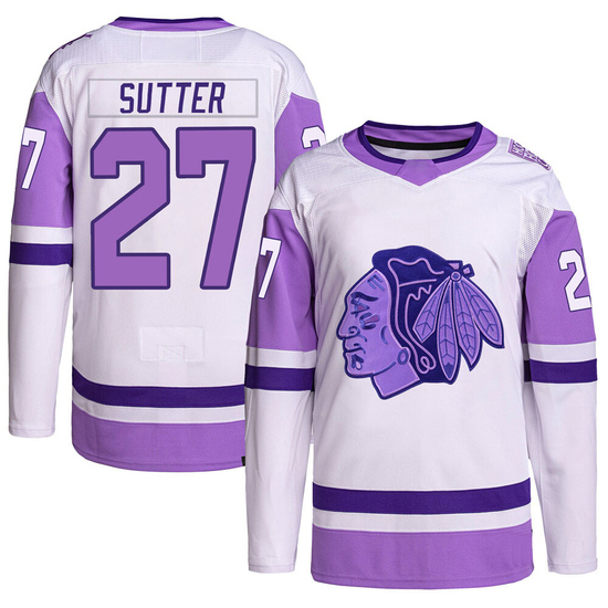 Adidas Darryl Sutter Chicago Blackhawks Authentic Hockey Fights Cancer Primegreen Jersey - White/Purple