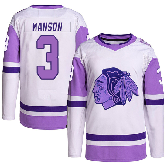 Adidas Dave Manson Chicago Blackhawks Youth Authentic Hockey Fights Cancer Primegreen Jersey - White/Purple