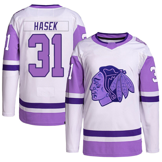 Adidas Dominik Hasek Chicago Blackhawks Authentic Hockey Fights Cancer Primegreen Jersey - White/Purple