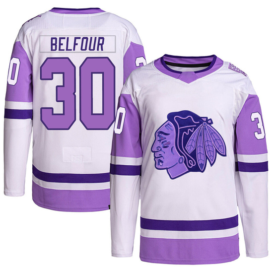 Adidas ED Belfour Chicago Blackhawks Authentic Hockey Fights Cancer Primegreen Jersey - White/Purple