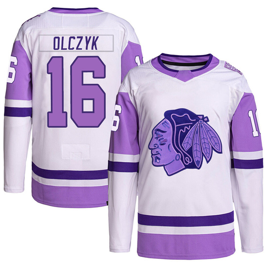 Adidas Ed Olczyk Chicago Blackhawks Authentic Hockey Fights Cancer Primegreen Jersey - White/Purple
