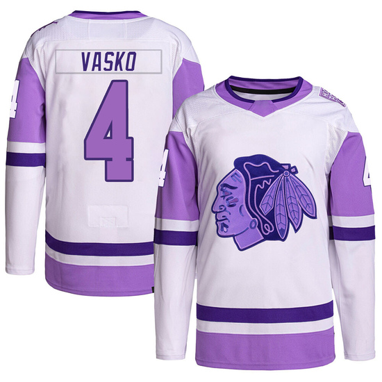 Adidas Elmer Vasko Chicago Blackhawks Authentic Hockey Fights Cancer Primegreen Jersey - White/Purple