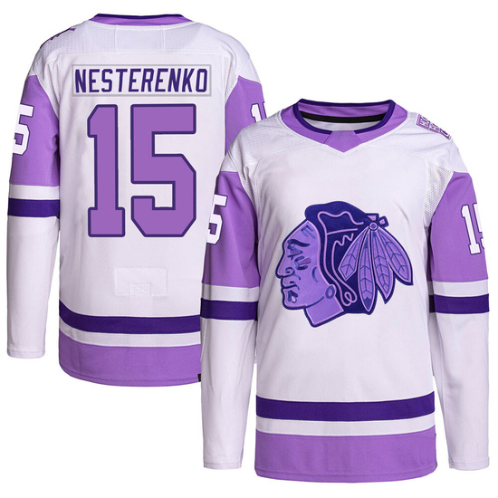 Adidas Eric Nesterenko Chicago Blackhawks Authentic Hockey Fights Cancer Primegreen Jersey - White/Purple