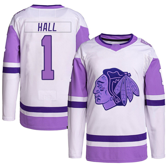 Adidas Glenn Hall Chicago Blackhawks Youth Authentic Hockey Fights Cancer Primegreen Jersey - White/Purple