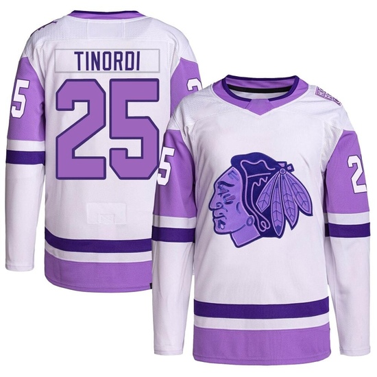 Adidas Jarred Tinordi Chicago Blackhawks Youth Authentic Hockey Fights Cancer Primegreen Jersey - White/Purple