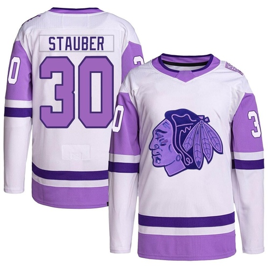 Adidas Jaxson Stauber Chicago Blackhawks Youth Authentic Hockey Fights Cancer Primegreen Jersey - White/Purple