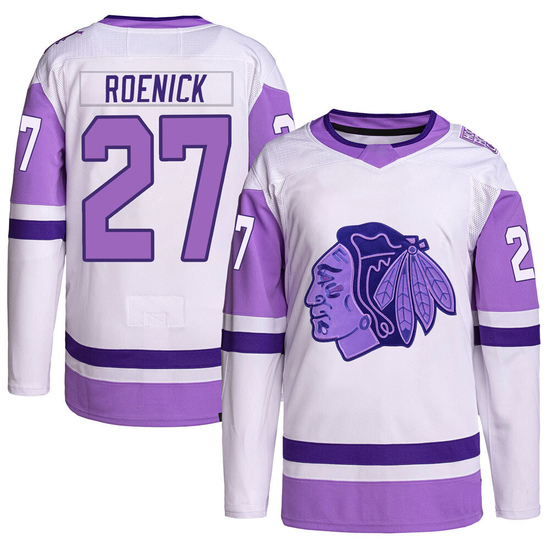 Adidas Jeremy Roenick Chicago Blackhawks Authentic Hockey Fights Cancer Primegreen Jersey - White/Purple
