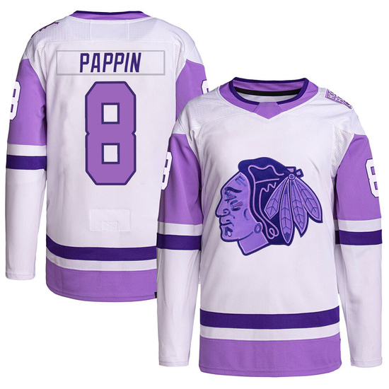 Adidas Jim Pappin Chicago Blackhawks Authentic Hockey Fights Cancer Primegreen Jersey - White/Purple