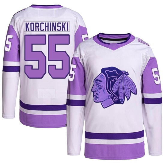 Adidas Kevin Korchinski Chicago Blackhawks Youth Authentic Hockey Fights Cancer Primegreen Jersey - White/Purple