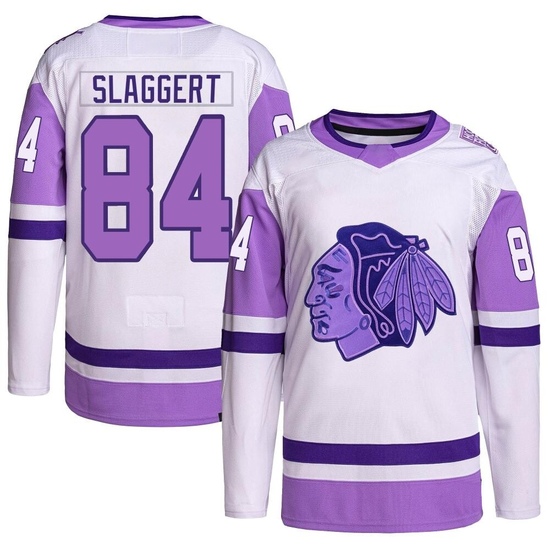 Adidas Landon Slaggert Chicago Blackhawks Authentic Hockey Fights Cancer Primegreen Jersey - White/Purple