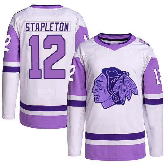 Adidas Pat Stapleton Chicago Blackhawks Authentic Hockey Fights Cancer Primegreen Jersey - White/Purple