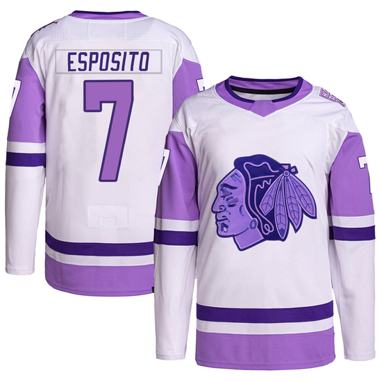 Adidas Phil Esposito Chicago Blackhawks Youth Authentic Hockey Fights Cancer Primegreen Jersey - White/Purple
