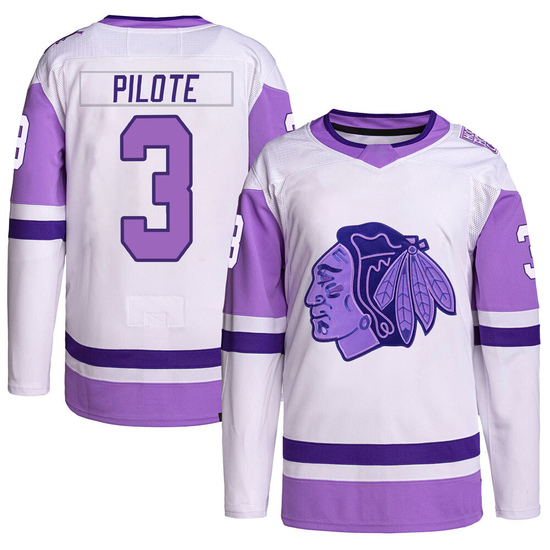 Adidas Pierre Pilote Chicago Blackhawks Authentic Hockey Fights Cancer Primegreen Jersey - White/Purple