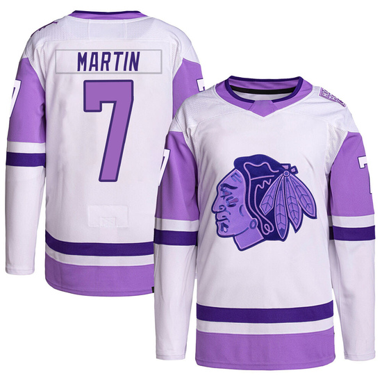 Adidas Pit Martin Chicago Blackhawks Youth Authentic Hockey Fights Cancer Primegreen Jersey - White/Purple