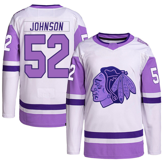 Adidas Reese Johnson Chicago Blackhawks Authentic Hockey Fights Cancer Primegreen Jersey - White/Purple