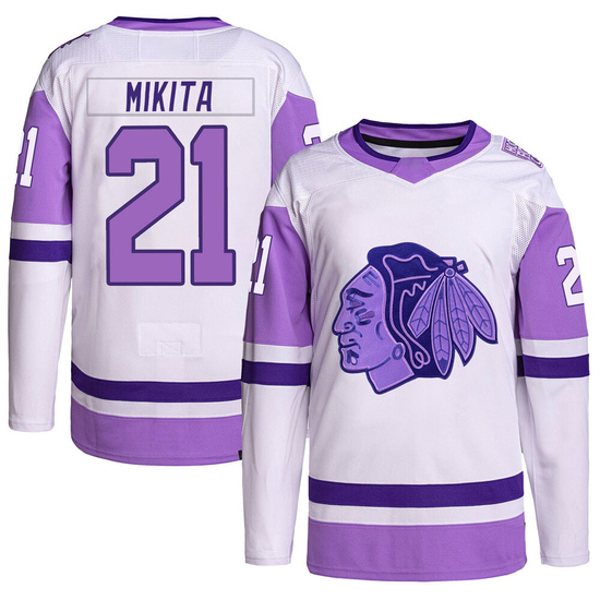 Adidas Stan Mikita Chicago Blackhawks Authentic Hockey Fights Cancer Primegreen Jersey - White/Purple