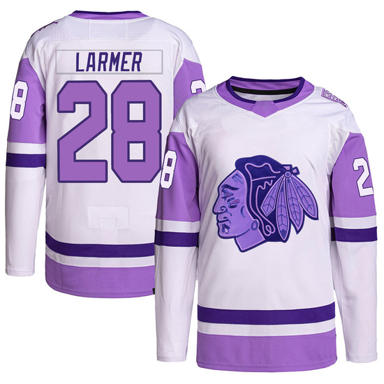 Adidas Steve Larmer Chicago Blackhawks Youth Authentic Hockey Fights Cancer Primegreen Jersey - White/Purple