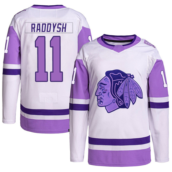 Adidas Taylor Raddysh Chicago Blackhawks Authentic Hockey Fights Cancer Primegreen Jersey - White/Purple