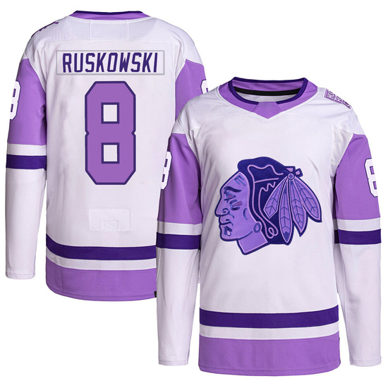 Adidas Terry Ruskowski Chicago Blackhawks Youth Authentic Hockey Fights Cancer Primegreen Jersey - White/Purple